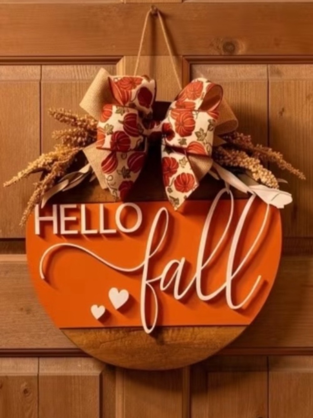 “Hello Fall”Round Wooden Sign with White Script and Bow - Picture 2 of 12